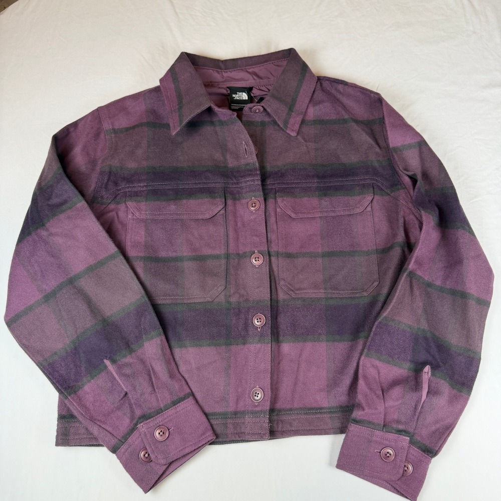 The North Face Women Purple Plaid Cropped Flannel Button Down Shirt Small NWT